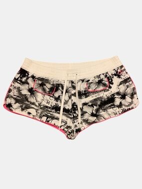 OP Floral Beach Shorts XL Black White Pink Trim Tropical Y2K Surf